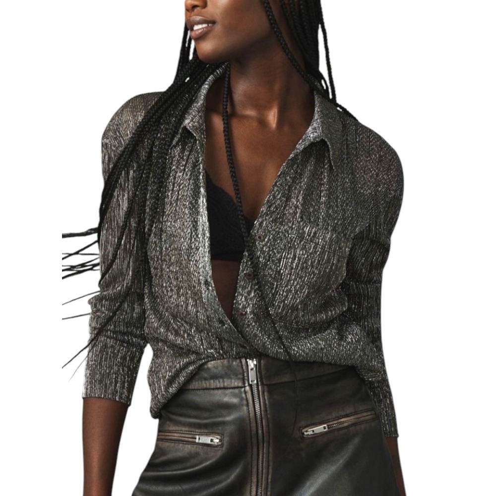 Pilcro Button Down Shirt Silver Metallic Party‎ Chic Shimmer Pleated XXS